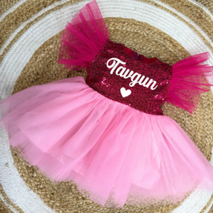 Customize Name Pink Frock With Net Frills Sleeves