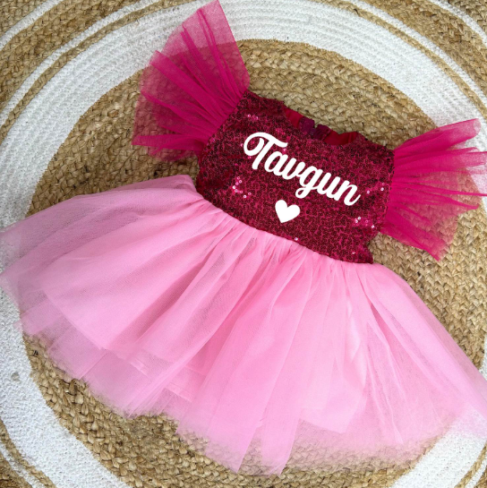Customize Name Pink Frock With Net Frills Sleeves